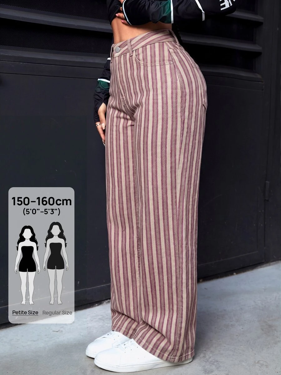 SHEIN PETITE 女款條紋拼接配色鈕扣口袋牛仔褲 - 彩色 - 查看 1