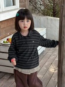 Dazy Kids Infant/Toddler (Girl) Collared Striped Long Sleeve Sweatshirt - Grey - View 5