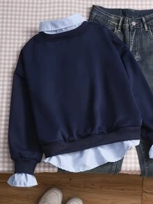 SHEIN 女童休閒時尚針織布料 2 合 1 條紋衛衣，寬鬆版型，舒適，適合春季與秋季日常通勤、戶外玩耍、出遊、聚會與拍照 - 藏蓝色 - 查看 2