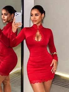 VaVaBold Women's Lace Patchwork Hollow Out Fitted Mini Dress - Red - View 5