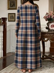 EMERY ROSE Women's Plus Size Vintage Casual Plaid Print Round Neck Long Sleeve Pocket Dress, Suitable For Autumn Daily Indoor And Outdoor Wear - Multicolor - View 2