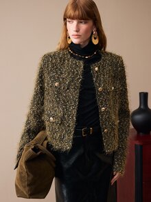 Arave Women's Jacket Broad Shoulder Straight Textured Woolen Double Breasted Gold Buttons Collarless Short Modern Olive Green Solid Winter Clothes Christmas - Army Green - View 7