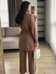 Solavon Women's Striped Colorblock Zip-Up Long Sleeve Sweatshirt And Solid Color Pants 2 Pieces Set - Brown - View 2
