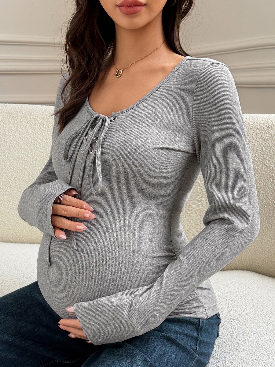 DAZY Solid Color Slim Fit Tie-Up Elastic Long Sleeve Casual Daily Korean Style Girl Autumn/Winter Maternity T-Shirt - Grey - View 1