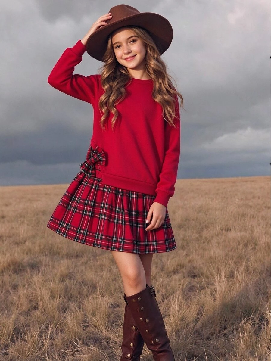 SHEIN 1pc Girls Brown Sweatshirt Patchwork Print 2 In 1 Dress, Casual Daily Dress For Autumn - Red - View 1