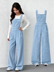 SHEIN 少女款抓絨秋季服飾 秋冬羅紋燈芯絨可調扣彈性腰連身褲，適合秋冬日常穿著 - 藍色 - 查看 1