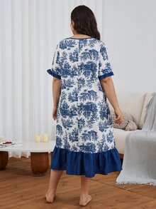 Serenescape Váy ngủ nữ size lớn tay ngắn họa tiết phong cách sứ xanh trắng, thiết kế gấu bèo nhún, đồ ngủ phong cách nghỉ dưỡng, phù hợp cho mọi mùa - Màu xanh lam - Xem 2