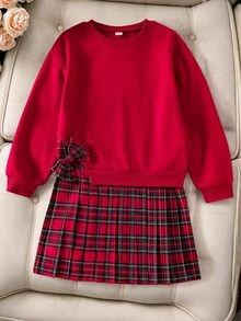 SHEIN 1pc Girls Brown Sweatshirt Patchwork Print 2 In 1 Dress, Casual Daily Dress For Autumn - Red - View 3