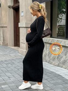 SHEIN Maternity Solid Color Casual Daily Knit Dress Winter - Black - View 2