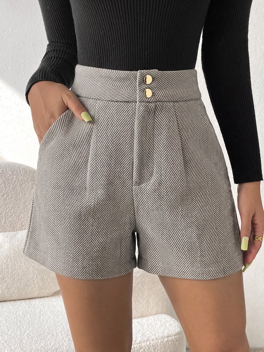 SHEIN Button Fly Herringbone Print Slant Pocket Shorts - Grey - View 1