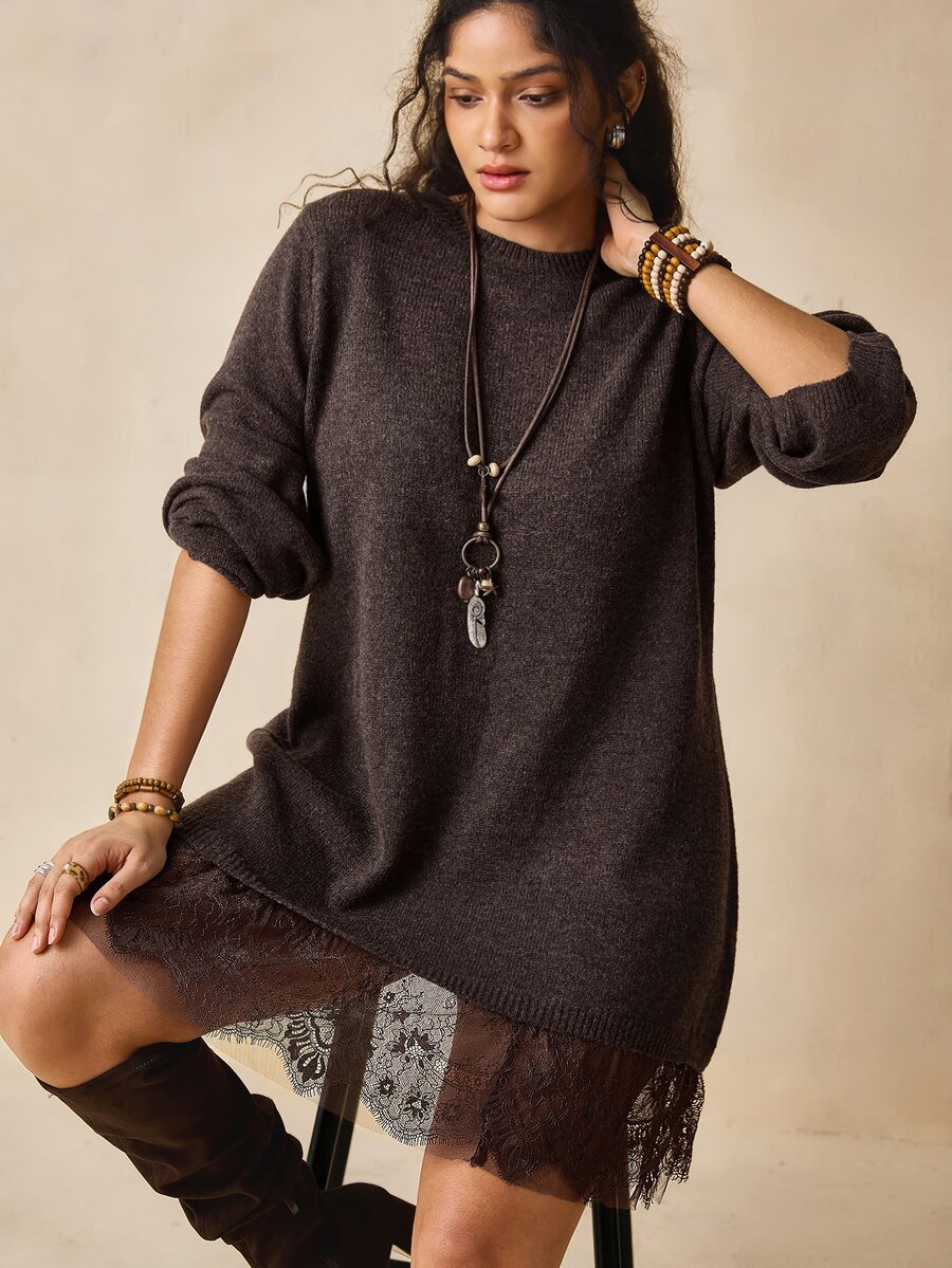 Nubod Women's Plus Size Casual Lace Patchwork Knit Dress - Brown - View 1
