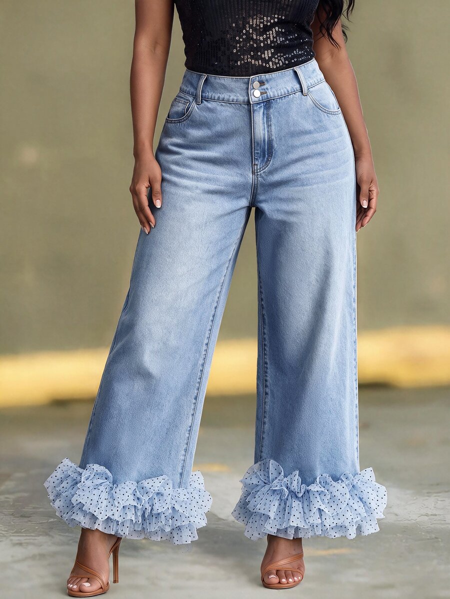 BriallanyX BriallanyX Plus Size Women's Loose Wide Leg Denim Pants With Pockets, Polka Dot Ruffle Hem - Blue - View 1