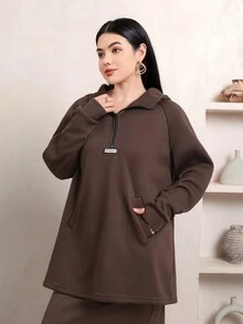 Veilorie Women's Letter Print Denim Zipper Half-Placket Raglan Long Sleeve Casual Sweatshirt - Coffee Brown - View 4