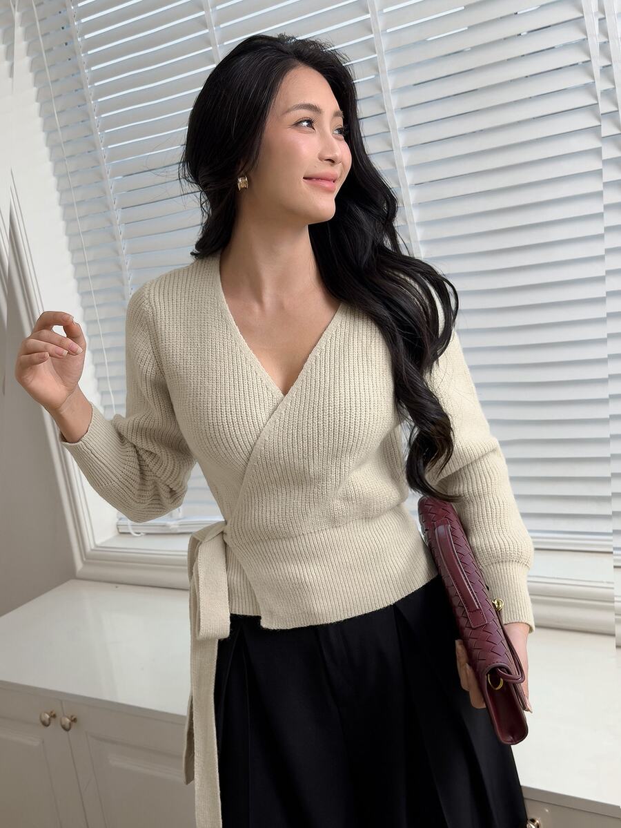 Yumoku Women's Fashion Ribbed Tie Sweater Korean Style - Khaki - View 1