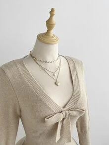 Elamini Women's Autumn/Winter Lazy Fashion Daily Versatile Party Photo Bowknot Pullover Sweater - Khaki - View 3