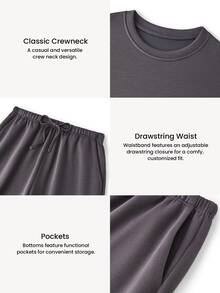 LUVLETTE Plus Size Fall Charcoal Soft Fleece Contrast Trim Cuffed Hems Round Neck Long Sleeve Lounge Sets For Men Outdoor Wear Now Trending Sleepwear Homewear - Dark Grey - View 3