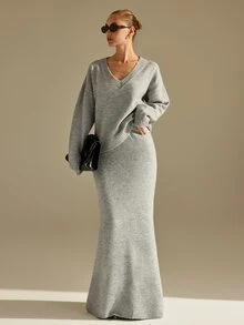 CLARA VERO V Neck Oversize Knit Mermaid Skirt Set, Relaxed Fit, Fall Outings, Below Hip Sweater, Flared Skirt - Grey - View 8