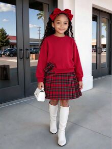 SHEIN 1pc Girls Brown Sweatshirt Patchwork Print 2 In 1 Dress, Casual Daily Dress For Autumn - Red - View 5