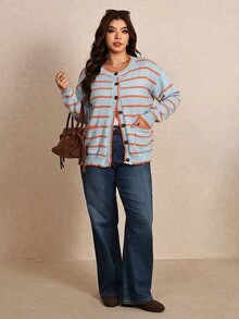 Elaquor Áo cardigan len dệt kim phối màu sọc có cúc cho người size lớn - Màu xanh lam - Xem 3