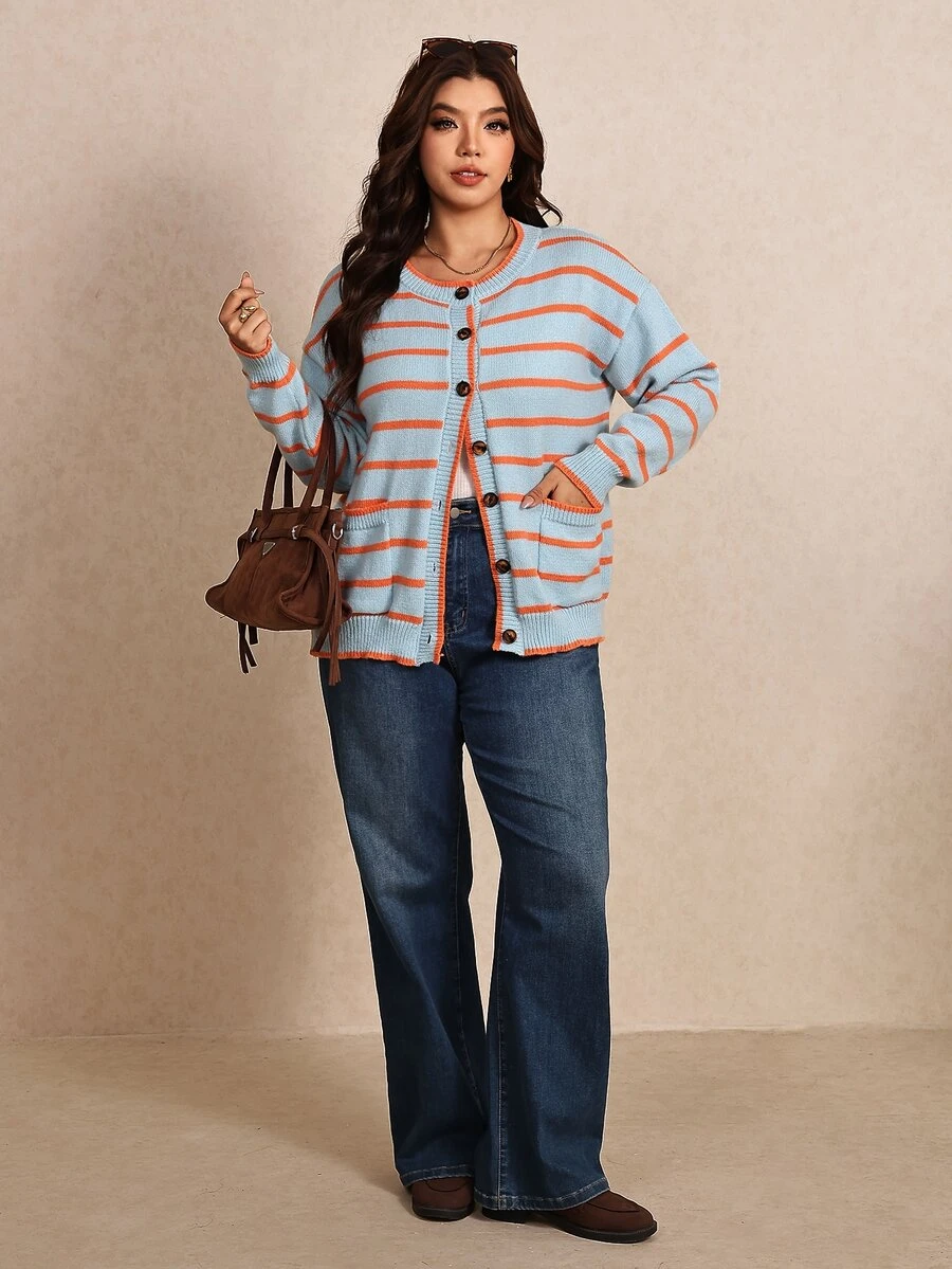 Elaquor Plus Size Striped Colorblock Button Knit Cardigan - Blue - View 1