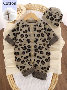 SHEIN Pure Cotton Vintage Leopard Print Baby Knit Romper With Round Neck And Button Closure, Matching Hat, Fashionable Versatile Crawler Suit For Daily Wear, Travel, Vacation And Photo Shoots - Multicolor - View 5