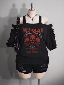 SHEIN ICON 女款大尺碼黑色夏季 Grunge 風演唱會日常 Y2K 哥德龐克骷髏圖案鏤空破洞 2 合 1 T-shirt 音樂節穿搭 - 彩色 - 查看 1