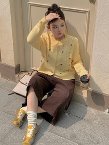 Dazy Plus Pattern Embroidered Fitted Round Neck Long Sleeve Casual Vacation Vintage Girl Spring Autumn Knit Cardigan - Yellow - View 7