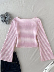 SHEIN Pink & White Striped Textured Off-Shoulder Flare Long Sleeve Top, Women's Spring/Autumn Slim Fit Cropped Waist-Cinching Base Layer - Pink - View 3
