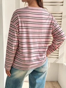 SHEIN 孕婦條紋哺乳T恤，休閒秋季穿著 - 彩色 - 查看 5