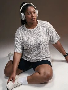 Powerista Women's Plus Size White & Grey Leopard Print Short Sleeve Sports T-Shirt - White - View 5