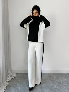 Elenzga Women's Contrast Color High Neck Knit Sweater & Wide Leg Pants Set, Loose Fit Ribbed Knit Two Pieces Outfit, Slouchy, Autumn/Winter - Black and White - View 5