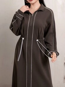 Veilorie Women's Striped Colorblock Long Sleeve Drawstring Dress - Coffee - View 4