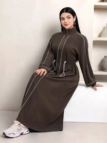 Veilorie Women's Striped Colorblock Long Sleeve Drawstring Dress - Coffee - View 1