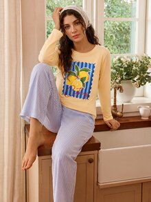 Tulorae Women's Pastoral Farm Lemon Print Round Neck Long Sleeve Woven Pants Pajama Set - Yellow - View 5