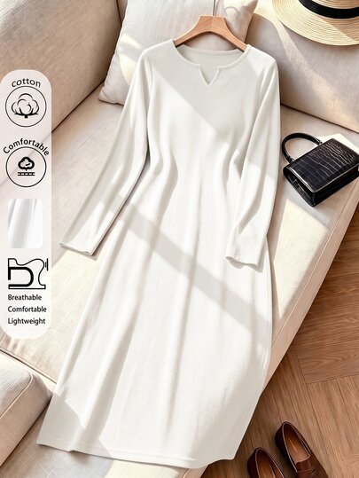 Rusticease Women's Off-White Cotton Versatile V-Neck Long Sleeve Knit Dress Office Brunch Work Autumn Elegant Casual Fall Dresses For Women