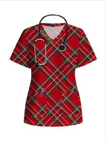 PopScrub Casual Minimalist Red Plaid Christmas Nurse Scrub Uniform Top - Multicolor - View 1