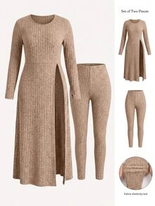Freevana Ribbed Knit Two Pieces Set With Long Slit Tunic And Stretch Leggings, Cozy Loungewear-To-Streetwear Fall - Khaki - View 9