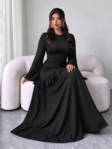 SHEIN Elenzya Women's Plus Size Ruffle Design Long Dress, Autumn/Winter Outdoor Dress - Black - View 4
