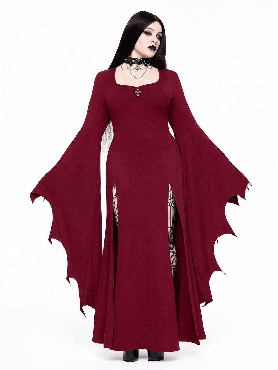 ROMWE Gothic Dark Ball Bat Alien Flare Sleeve Black Cinched Waist ...