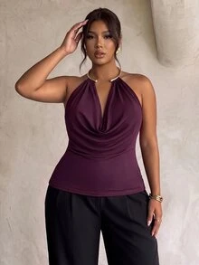 Firerie Plus Size New Draped Neck Modern Elegant Commute Office Workplace Outfit Cowl Neck Y2K Halter Tank Top - Red Violet - View 6