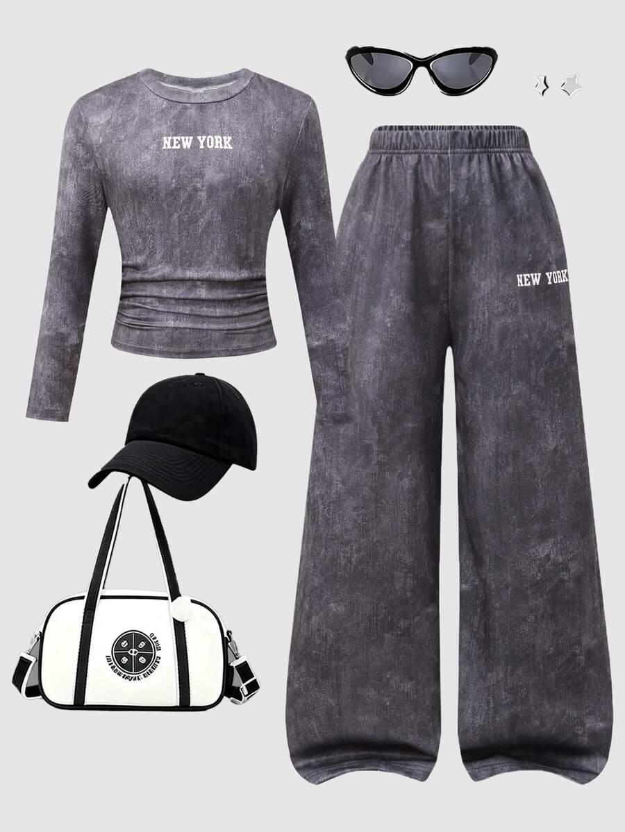 SHEIN 青少年女孩秋季套裝上衣 T-shirt 兩件式套裝 家庭職業風 深灰色 秋季休閒韓風 度假穿搭 - 灰色 - 查看 1