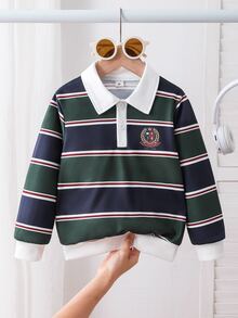 SHEIN Playful Pals 男孩休閒條紋印花 Polo 領長袖衛衣，休閒學院風 Polo 衫，長袖半拉鍊可愛設計衛衣，柔軟舒適面料，適合秋冬穿著，男孩日常穿搭理想選擇 - 彩色 - 查看 3