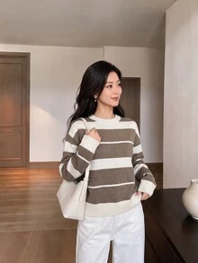 Yumoku Women's Striped Crew Neck Drop Shoulder Long Sleeve Casual Sweater - Grey - View 5