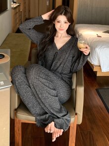 DAZY 2pcs Women's Pajama Set With V-Neck Long Sleeve Top And Straight Leg Long Pants, Featuring Wood Ear Trim And Ribbed Fabric - Dark Grey - View 3