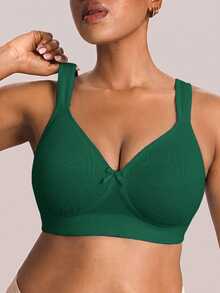 DesireSculpt Plus Size Women Bow Decor Wireless Lift & Support Bra - Army Green - View 3