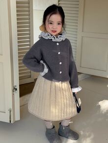 Dazy Kids Young Girl) Sweater With Frill Trim, Contrast Color Lace, Stand Collar, Casual Loose Fit, Thick Knit Top For Autumn/Winter - Grey - View 7