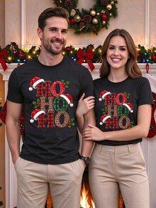 Manfinity Homme 1件中性款 Ho Ho Ho 格紋字母圖案聖誕T恤，短袖圓領節日上衣 - 黑色 - 查看 7