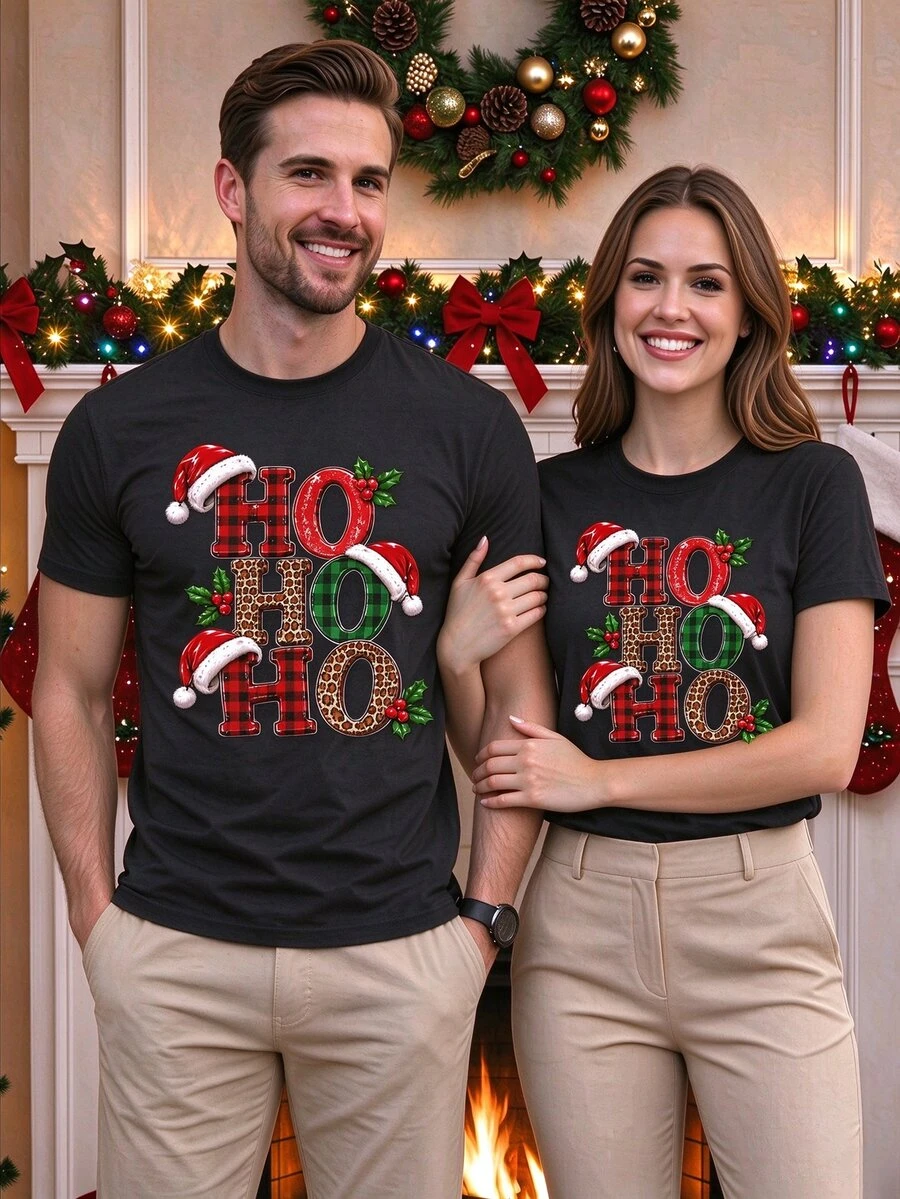 Manfinity Homme 1PCS Unisex Ho Ho Ho Plaid Letter Graphic Christmas T-Shirt, Short Sleeve Crew Neck Holiday Tee - Black - View 1