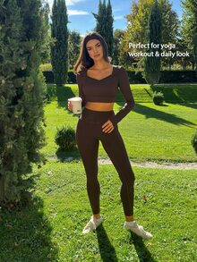 Fluxe Women's Cropped Long Sleeve Sports T-Shirt For Fitness And Tennis - Coffee Brown - View 10