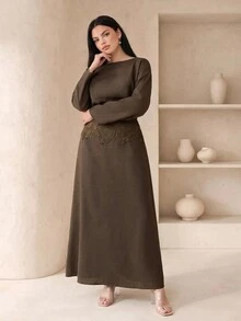 Veilorie Plus Size Elegant Embroidered Long Sleeve Dress For Weekend Outings - Brown - View 5